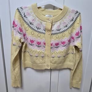 Freshman 1996 cropped cardigan in soft pastel yellow with pink floral knit...